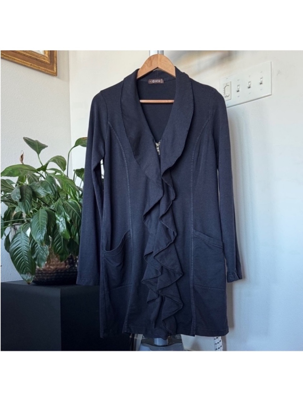XCVI Knit Draped cardigan Jacket Sz S Ruffled neck Full zip Boho Black Gray